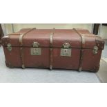 An early 20thC beech bound hide and canvas cabin trunk with a removable interior  12"h  28"w