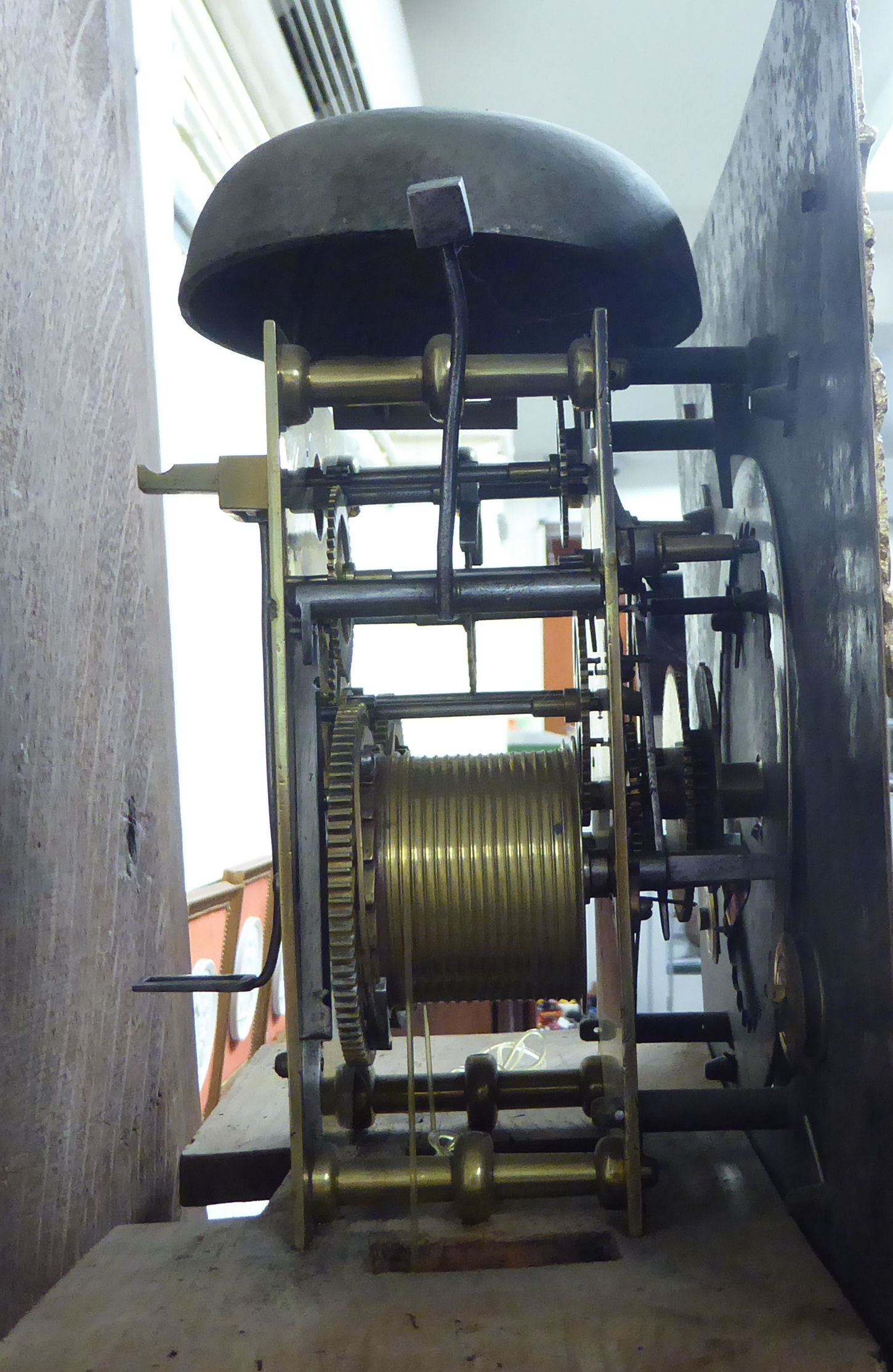 A late 18thC Pagoda top oak longcase clock with a narrow trunk, the 8 day bell strike movement faced - Image 4 of 9