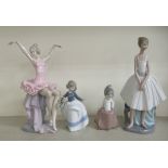 Three Nao and one Rex of Valencia porcelain figures: to include a seated ballerina  11"h