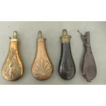 Four various 19thC shot/powder flasks of bag design with dispensing shutters