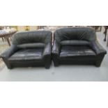 A pair of modern stitched black hide upholstered two person settees  52"w