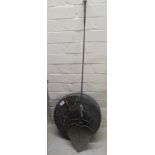 A 19thC cast bronze gong  14"dia; and a contemporary, long handled, wrought iron chestnut roaster of