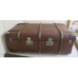 An early 20thC beech bound hide and canvas cabin trunk with a removable tray interior  12"h  28"w