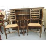 Small furniture: to include a pair of modern stained beech framed, open arm chairs with woven rush