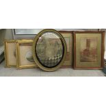 Five Victorian and later pictures, one oval woven silk period interior scene  14" x 12"  framed; two