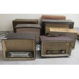 Seven variously cased vintage radios: to include an HMV example  11"h  16"w (sold for decorative