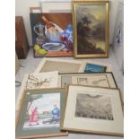 Pictures and prints, some framed: to include a humourous 1975 Daily Mail cartoon print, in the