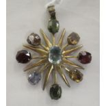 A yellow metal star design pendant, set with semi-precious stones