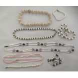 Pearl set jewellery: to include a three row, naturally coloured and pink necklace