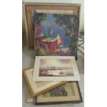 Six pictures, mainly watercolours, some framed: to include Douglas Carpenter - a shoreline scene