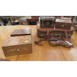 A mixed lot: to include a late Victorian marquetry inlaid jewellery box with a hinged lid  5"h  11"w