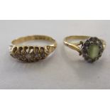 Two 18ct gold rings, one set with a pale green stone, the other with small diamonds