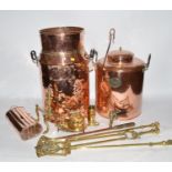 Vintage copper urn, copper churn; and fireside implements.