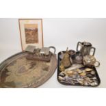 Vintage postal scales; bark picture; plated, pewter, brass and other items.