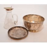 Silver bowl, dish and a whisky tot