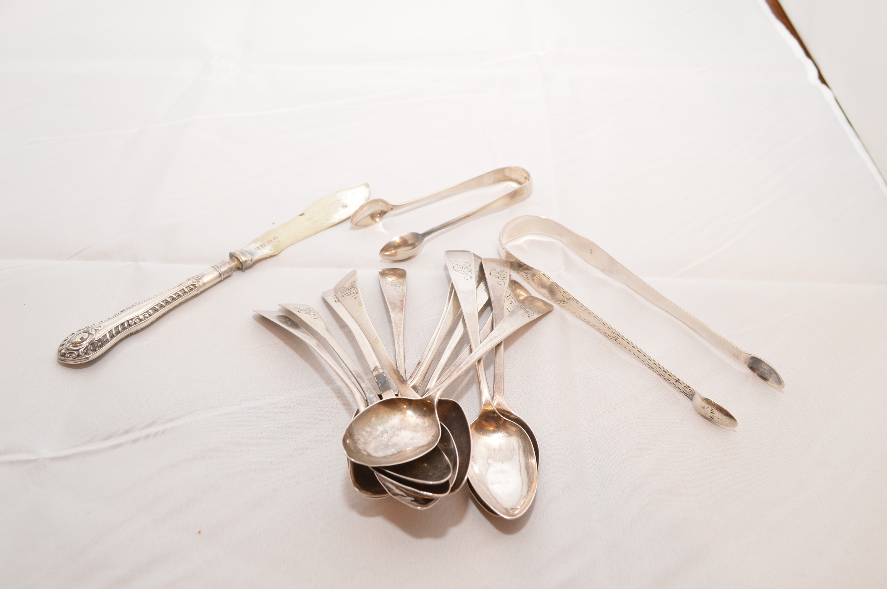 Silver teaspoons and other items