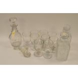 Glass decanters and rummers; and brass wall lights