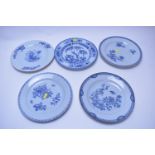 Five Chinese Export blue and white plates, various designs, late 18th/early 19th Century.