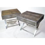 Pair of designer shagreen and chromed metal bedside tables.