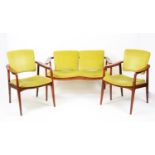 Mid Century teak settee and two armchairs