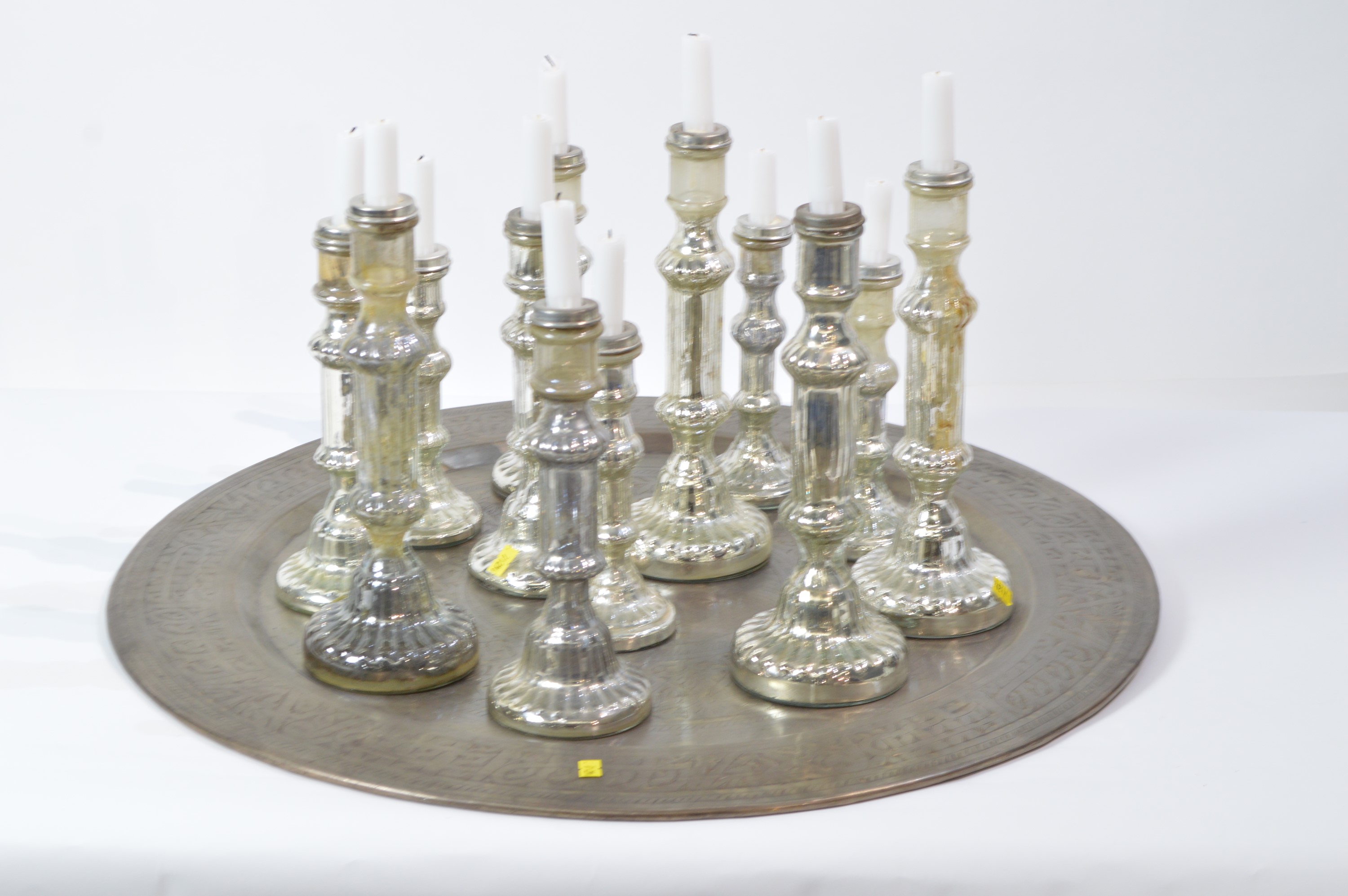 Twelve assorted candlesticks on Indian style tray. - Image 2 of 6