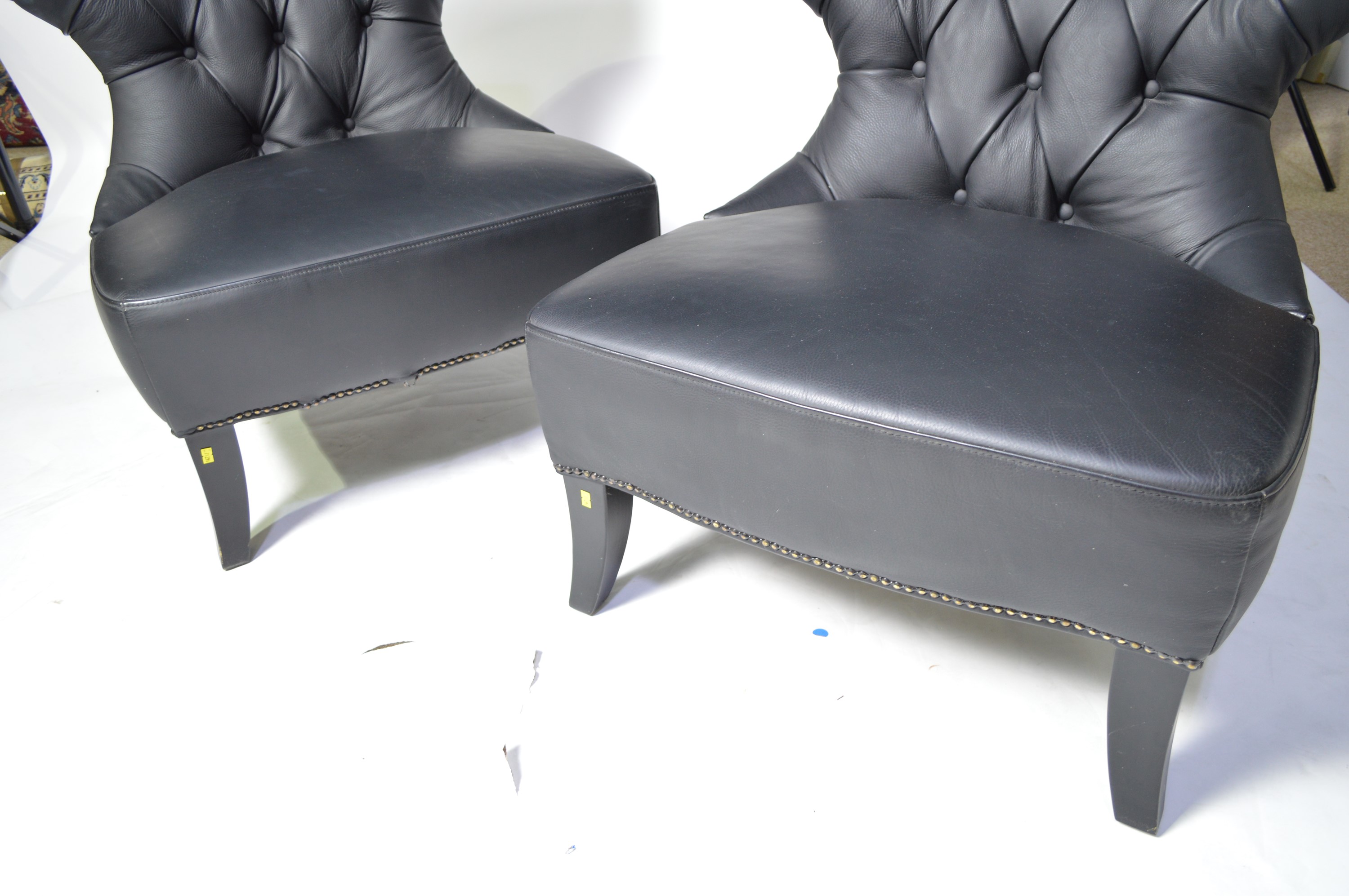 A pair of designer faux black leather easy chairs. - Image 3 of 6