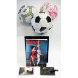 Three signed footballs / Ronnie Wood and Bryan Ferry CD's; and movie magazines.
