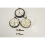 Three silver-cased pocket watches.