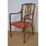 Edwardian mahogany and satinwood banded elbow chair.