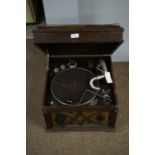 An HMV cabinet top gramophone.