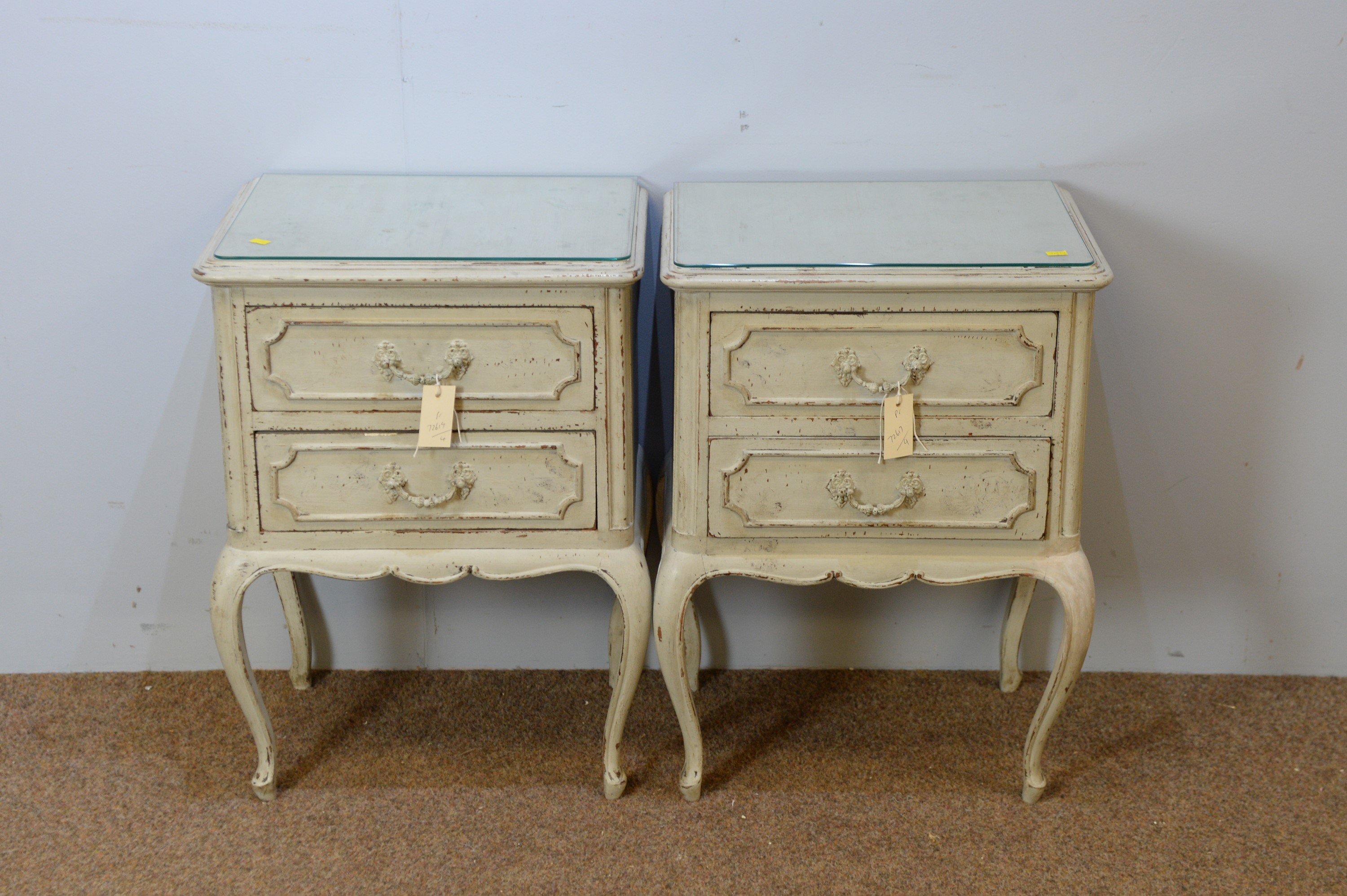 Pair of 20th C French 'Shabby Chic' bedside chests.