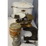Enamel bread bin, scales, and other items.