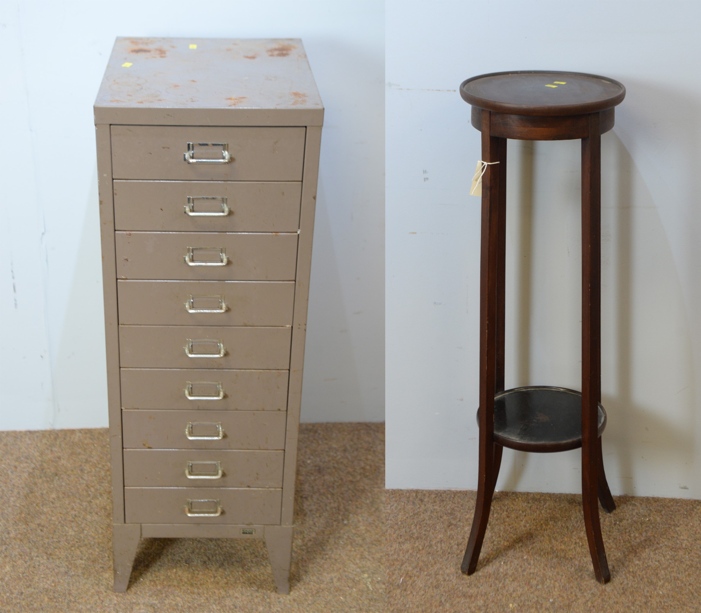 Metal nine drawer filing unit; and Edwardian mahogany two-tier plant stand.