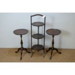 Early 20th C folding cake stand; and two reproduction wine tables.