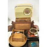 A vintage Bush radio, and various wooden and other items.