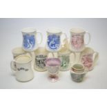 Eight Maling mugs, Adams lustre jug, and Sunderland style goblet.
