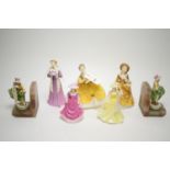 A collection of five Royal Doulton figures and a pair of bookends