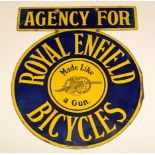 A Royal Enfield Bicycles double-sided enamel pendant sign.