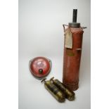 Three vintage fire extinguishers; and a wall-mount fire alarm bell.