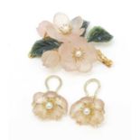 A mid 20th C Austrian carved quartz and nephrite floral pattern brooch and earrings.