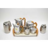 Aluminium Picquot ware tea/coffee service on tray; and two st/st hot water jugs.