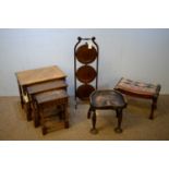 20th C nest of tables; cake stand; piano stool; and another stool.
