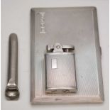 Silver cigarette case; white metal posy holder; and a Ronson lighter.