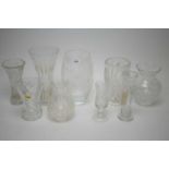 Nine glass vases, various.