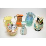 Selection of hand-decorated jugs and other items, various makers.