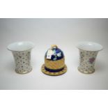Majolica cheese dome and pair of reproduction vases with floral decoration