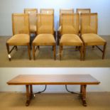 20th C elm refectory table; and eight dining chairs.