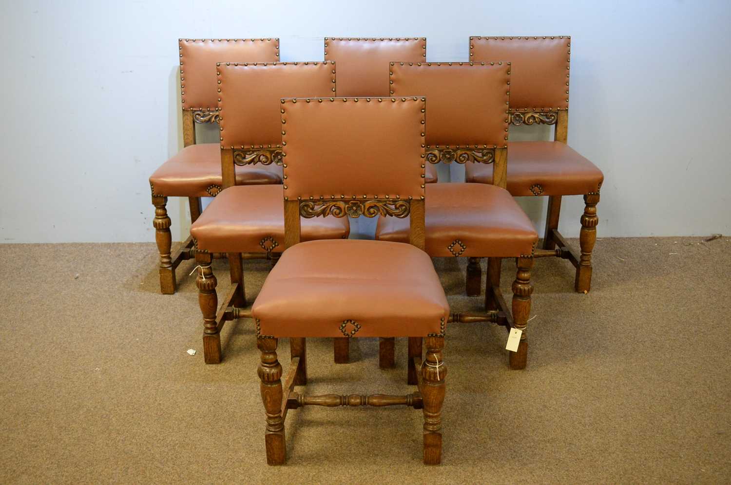 Set of six 20th C oak dining chairs.