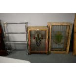 Various Art Deco leaded glass windows and a chromed towel rail