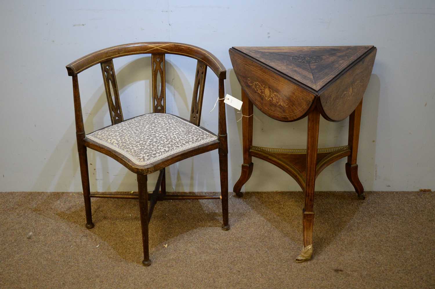 Edwardian drop leaf table; and an Edwardian corner chair.